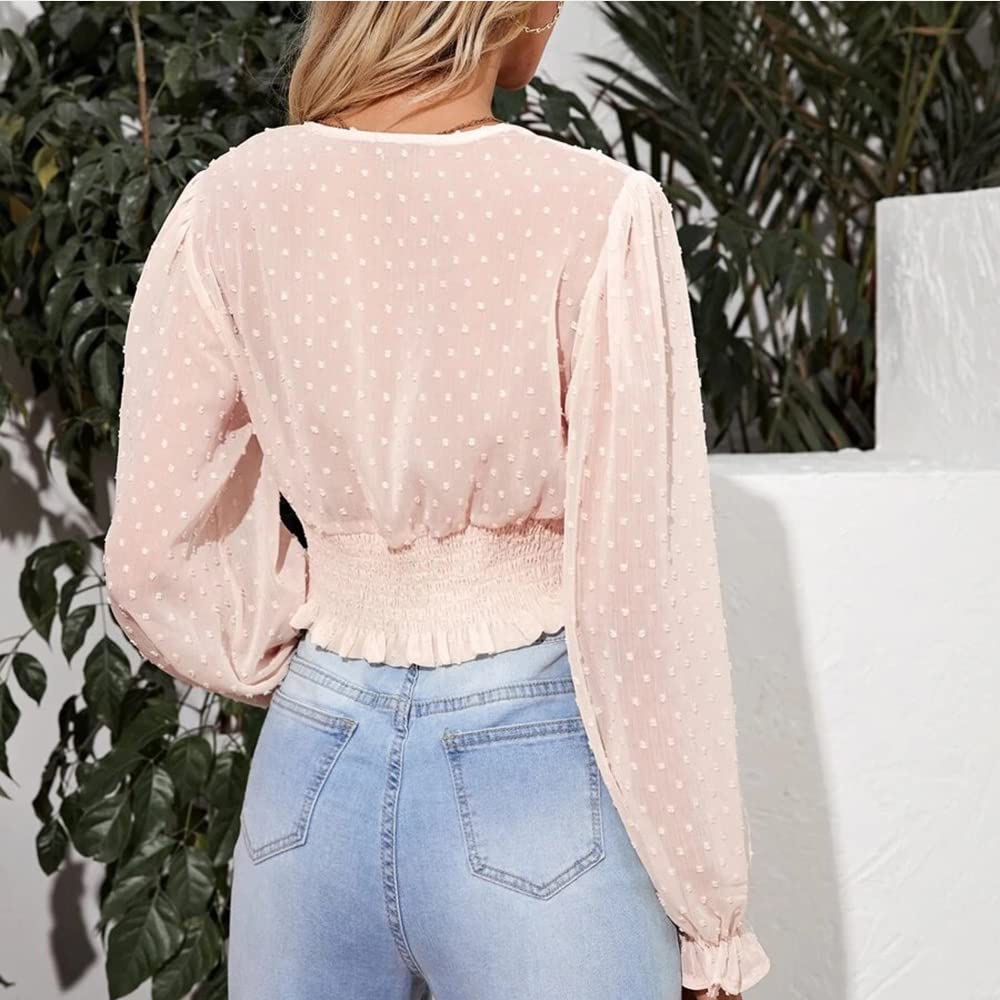 Women's Shirt Slim High Waist Sexy Deep Tunic V-neck Blouse Long Puff Sleeve